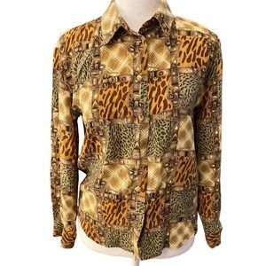 VTG Allison Taylor Gray Brown Silk Belt Buckle Animal Print Shirt Blouse Medium